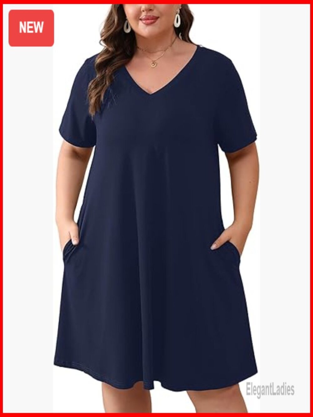 Plus Size Midi Dress with Pockets V-Neck Short Sleeve Loose A-Line Summer